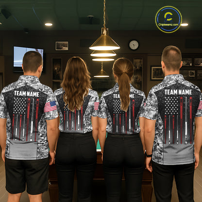 Billiard team wearing matching black and white camo US flag 8 ball pool jerseys back view.