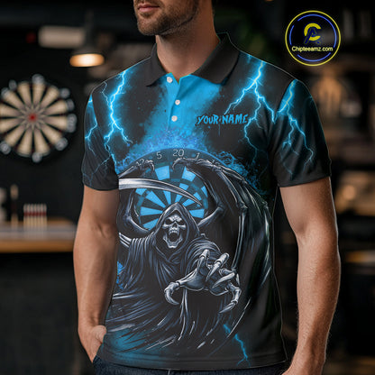 Personalized Blue Grim Reaper Thunder Lightning Darts Shirt For Men, 3D Darts Team Jerseys TDM4532