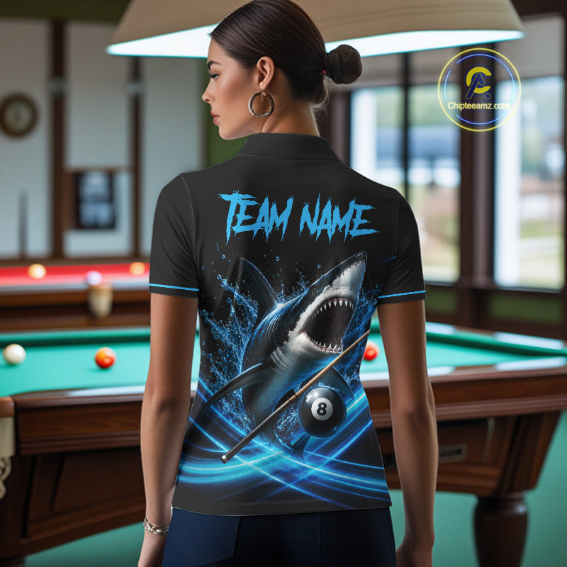 Black And Blue 8 Ball Shark Billiard League Shirts For Women Custom Pool Team Jersey Polo & 1/4 Zip TDM7165