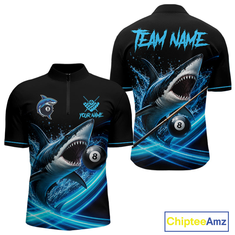 Black And Blue 8 Ball Shark Billiard League Shirts For Men Custom Pool Team Jersey Polo & 1/4 Zip TDM7165
