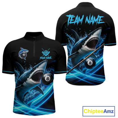 Black And Blue 8 Ball Shark Billiard League Shirts For Men Custom Pool Team Jersey Polo & 1/4 Zip TDM7165