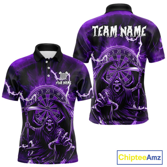 Purple Grim Reaper Lightning 3D Darts Shirt For Men Custom Darts Jersey Team Polo &  1/4 Zip TDM4952
