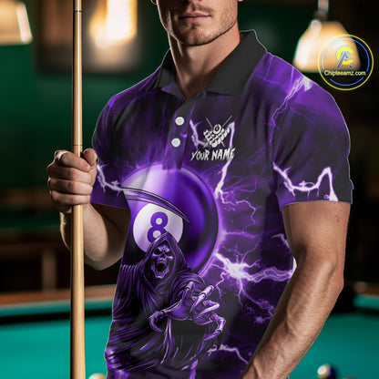 Purple Grim Reaper 8 Ball Billiard Shirt For Men Custom Lightning Pool Team Jersey Polo & 1/4 Zip TDM4955