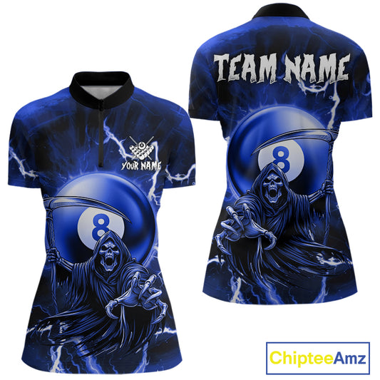 Blue Grim Reaper 8 Ball Billiard Shirt For Women Custom Lightning Pool Team Jersey Polo & 1/4 Zip TDM4957
