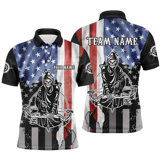 Skeleton  Playing Archery Custom US Flag Polo Shirts For Men, Unique Archery Shirts For Archers TDM0520