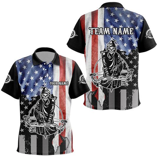 Skeleton Playing Archery Custom US Flag Polo Shirts For Kid, Unique Archery Shirts For Archers TDM0520