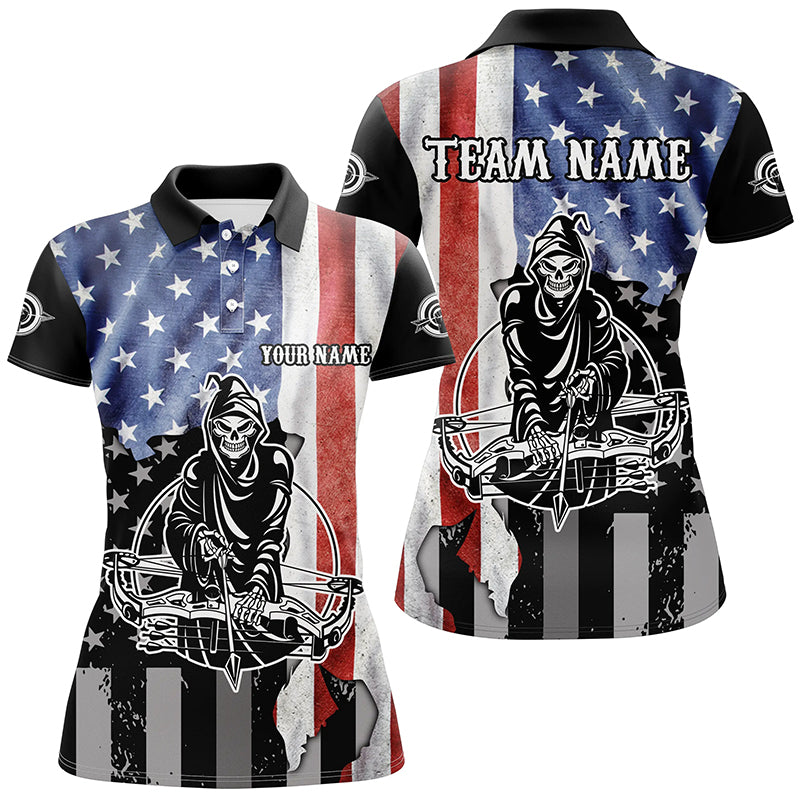 Skeleton Playing Archery Custom US Flag Polo Shirts For Women, Unique Archery Shirts For Archers TDM0520