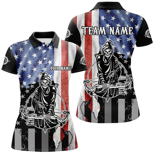 Skeleton Playing Archery Custom US Flag Polo Shirts For Women, Unique Archery Shirts For Archers TDM0520