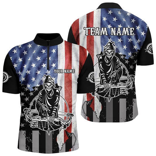 Skeleton Playing Archery Custom US Flag Men Quarter-Zip Shirts Best Unique Archery Shirts  TDM0520
