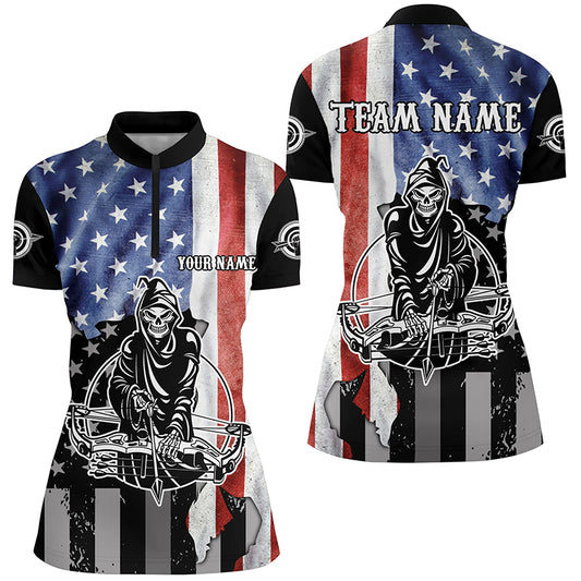 Skeleton Playing Archery Custom US Flag Women Quarter-Zip Shirts Best Unique Archery Shirts  TDM0520