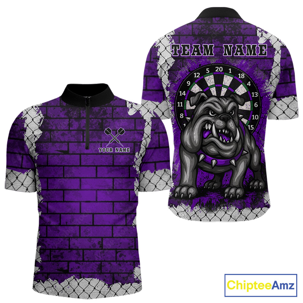 Purple Brick-Wall Fierce Bulldog Men Darts Quarter- Zip Team Shirt Personalized Name For Players NYN2115