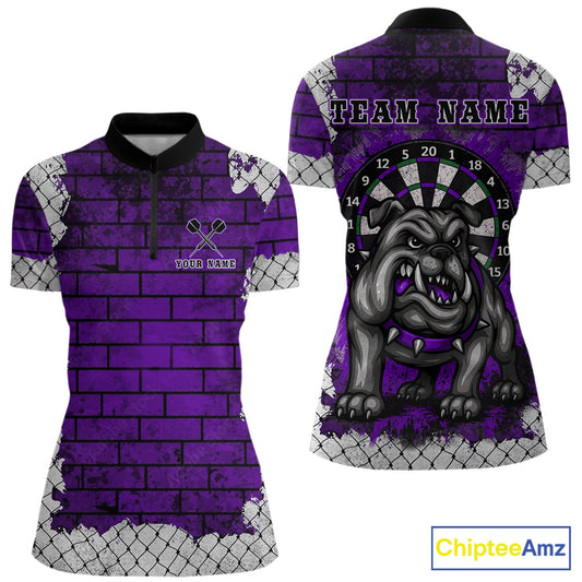 Purple Brick-Wall Fierce Bulldog Women Darts Quarter- Zip Team Shirt Personalized Name For Players NYN2115