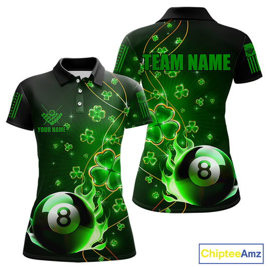 Green 8 Ball Pool Fire Luckiest Shamrock Women Billiard Shirt Custom St Patrick Day Billiard Jerseys TDM3389