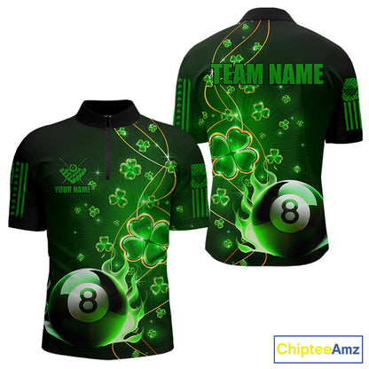 Green 8 Ball Fire Luckiest Shamrock Men Billiard Shirt Custom St Patrick Day Billiard Team Jerseys TDM3389