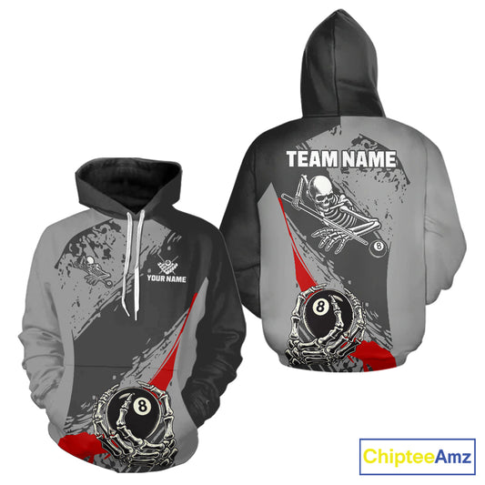 8 Ball Skeleton Billiard Hoodie For Men And Women Custom 8 Ball Hoodie Pool Team Jersey |Red TDM5676