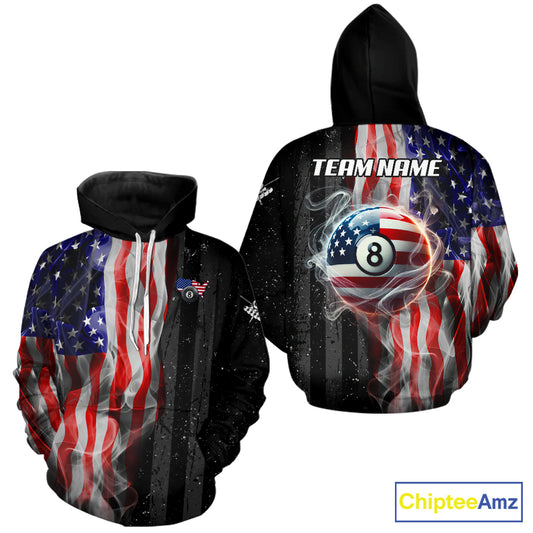 Personalized American Flag Smoke Billiard Hoodie Custom Patriotic 8 Ball Hoodie Pool Team Jersey TDM5679