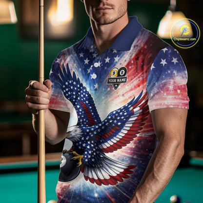 Custom 8 Ball & 9 Ball American Flag Eagle Billiard Shirt For Men, Pool Team Jersey Polo & 1/4 Zip TDM6281