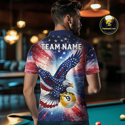 Custom 8 Ball & 9 Ball American Flag Eagle Billiard Shirt For Men, Pool Team Jersey Polo & 1/4 Zip TDM6281