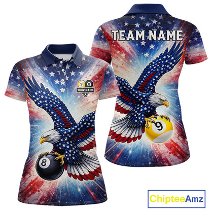 Custom 8 Ball & 9 Ball American Flag Eagle Billiard Shirt For Women, Pool Team Jersey Polo & 1/4 Zip TDM6281