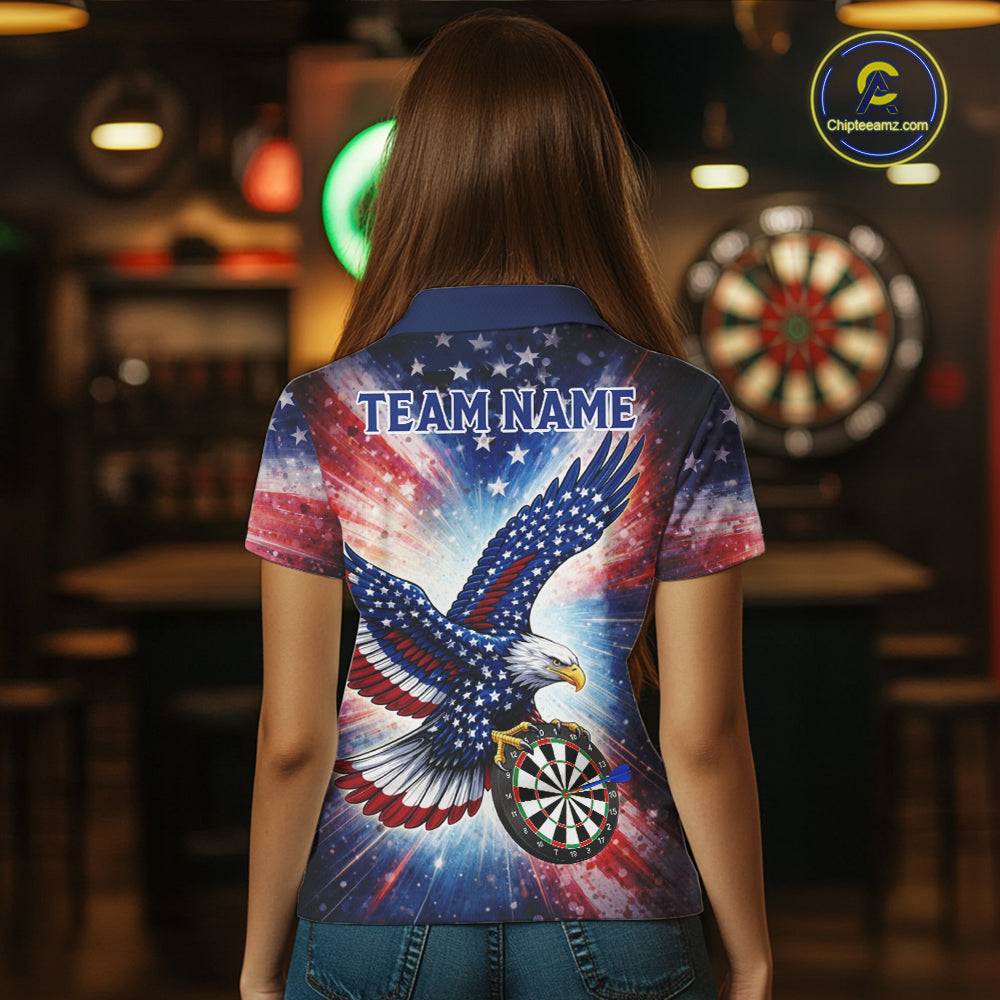 Personalized American Flag Eagle Darts Shirt For Women, Patriotic Darts Team Jersey Polo & 1/4 Zip TDM6283