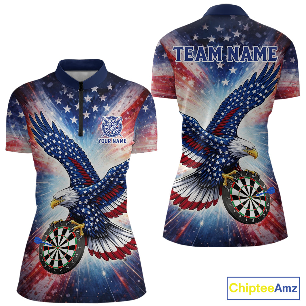 Personalized American Flag Eagle Darts Shirt For Women, Patriotic Darts Team Jersey Polo & 1/4 Zip TDM6283