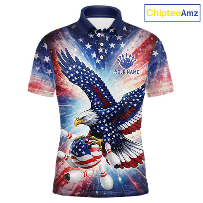 American Flag Eagle Bowling Polo & 1/4 Zip Shirts For Men Custom Patriotic Bowling Team Jersey TDM6284