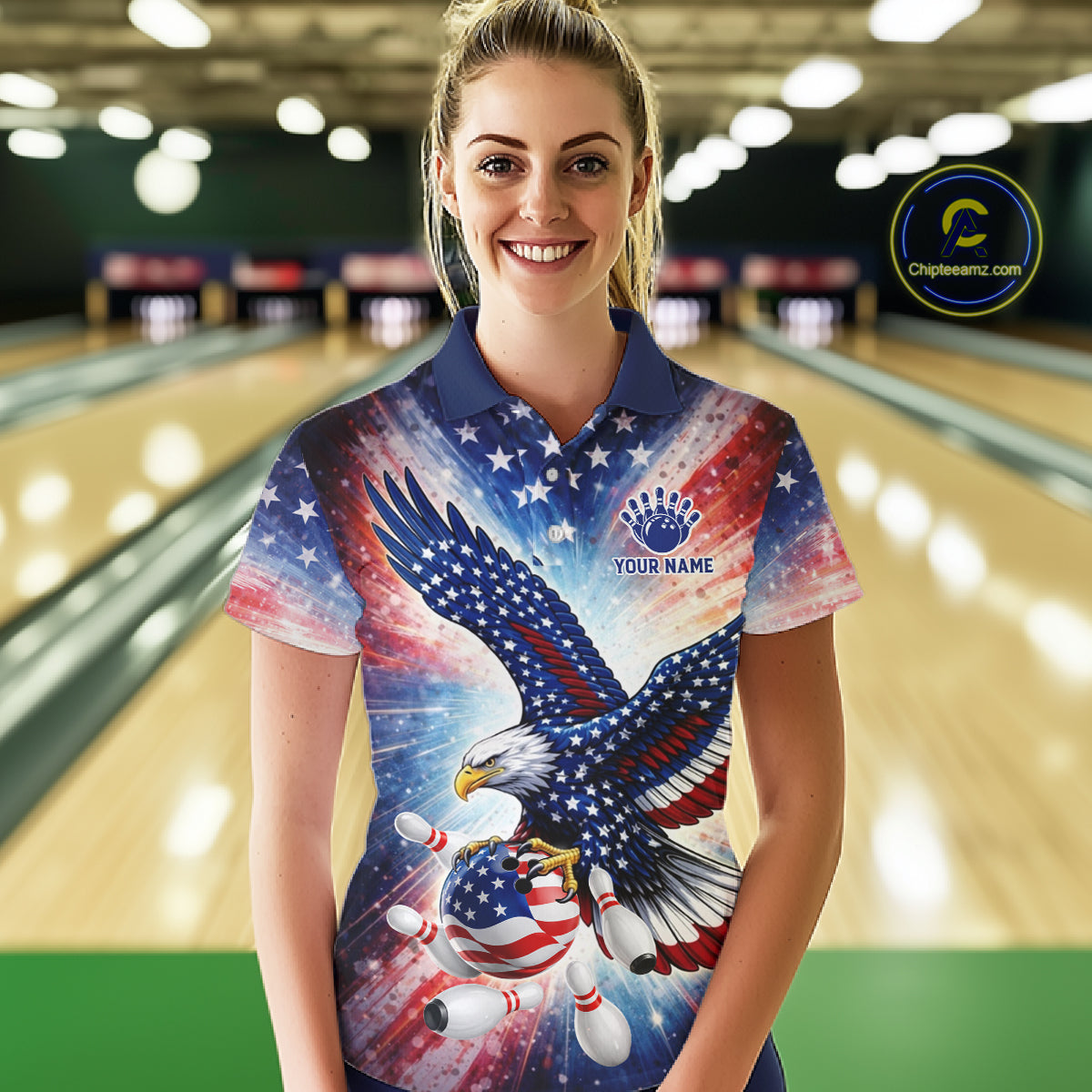 American Flag Eagle Bowling Polo & 1/4 Zip Shirts For Women Custom Patriotic Bowling Team Jersey TDM6284