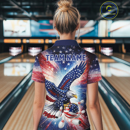 American Flag Eagle Bowling Polo & 1/4 Zip Shirts For Women Custom Patriotic Bowling Team Jersey TDM6284