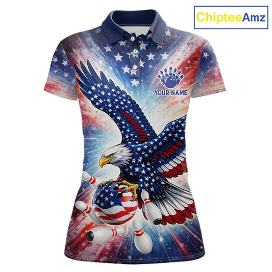 American Flag Eagle Bowling Polo & 1/4 Zip Shirts For Women Custom Patriotic Bowling Team Jersey TDM6284