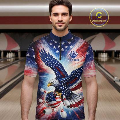 American Flag Eagle Bowling Polo & 1/4 Zip Shirts For Men Custom Patriotic Bowling Team Jersey TDM6284