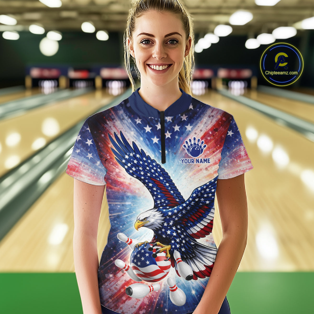 American Flag Eagle Bowling Polo & 1/4 Zip Shirts For Women Custom Patriotic Bowling Team Jersey TDM6284