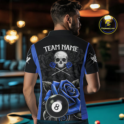 Black And Blue 8 Ball Pool And Roses Custom Skull Billiard Shirts For Men, Billiard Team Jersey TDM6286