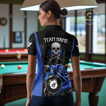 Black And Blue 8 Ball Pool And Roses Custom Skull Billiard Shirts For Women, Billiard Team Jersey TDM6286