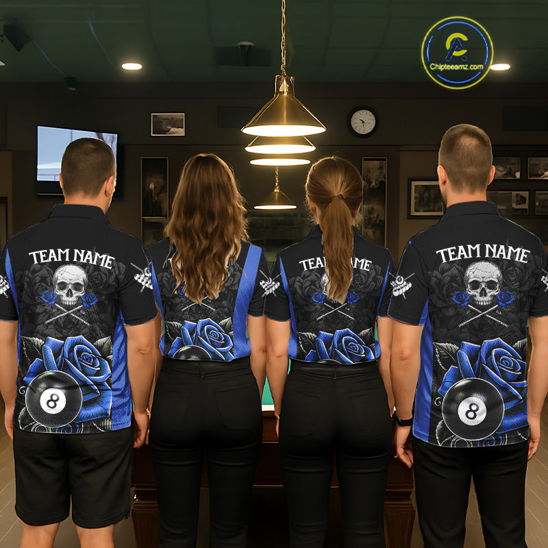 Black And Blue 8 Ball Pool And Roses Custom Skull Billiard Shirts For Men, Billiard Team Jersey TDM6286
