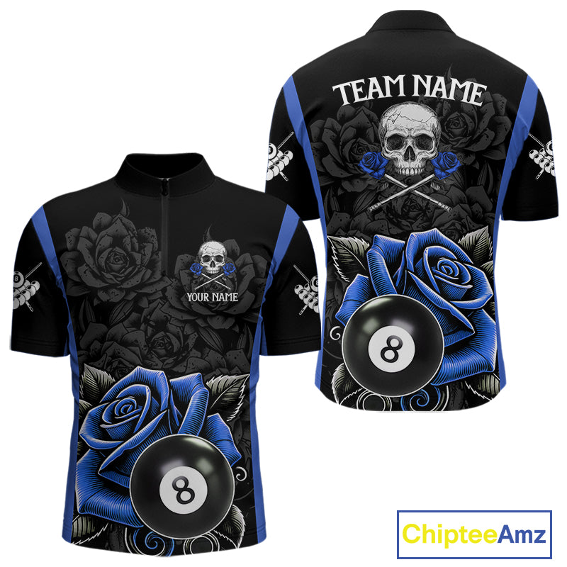 Black And Blue 8 Ball Pool And Roses Custom Skull Billiard Shirts For Men, Billiard Team Jersey TDM6286
