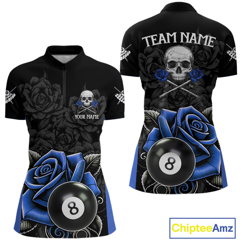 Black And Blue 8 Ball Pool And Roses Custom Skull Billiard Shirts For Women, Billiard Team Jersey TDM6286