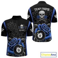 Load image into Gallery viewer, Black And Blue 8 Ball Pool And Roses Custom Skull Billiard Shirts For Men, Billiard Team Jersey TDM6286