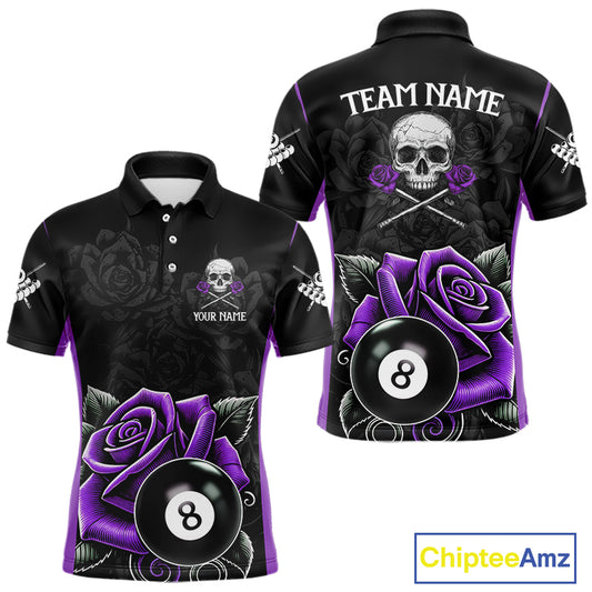 Black And Purple 8 Ball Pool And Roses Custom Skull Billiard Shirts For Men, Billiard Team Jersey TDM6287