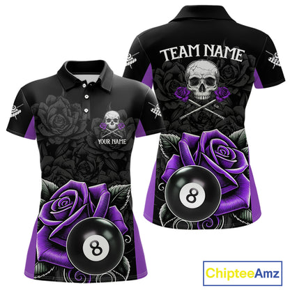 Black And Purple 8 Ball Pool And Roses Custom Skull Billiard Shirts For Women, Billiard Team Jersey TDM6287