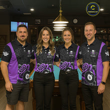 Load image into Gallery viewer, Black And Purple 8 Ball Pool And Roses Custom Skull Billiard Shirts For Men, Billiard Team Jersey TDM6287