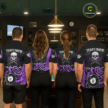 Load image into Gallery viewer, Black And Purple 8 Ball Pool And Roses Custom Skull Billiard Shirts For Men, Billiard Team Jersey TDM6287