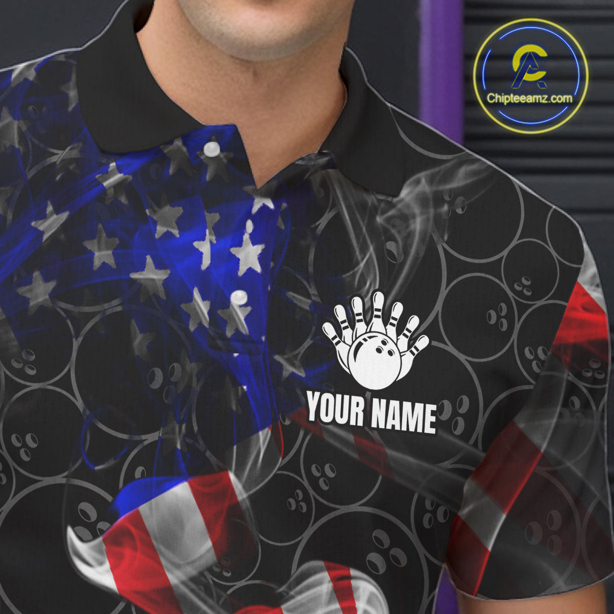 Custom American Flag Smoke Bowling Shirt For Men, Patriotic Team Bowling Jersey Polo & 1/4 Zip TDM6290