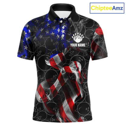 Custom American Flag Smoke Bowling Shirt For Men, Patriotic Team Bowling Jersey Polo & 1/4 Zip TDM6290