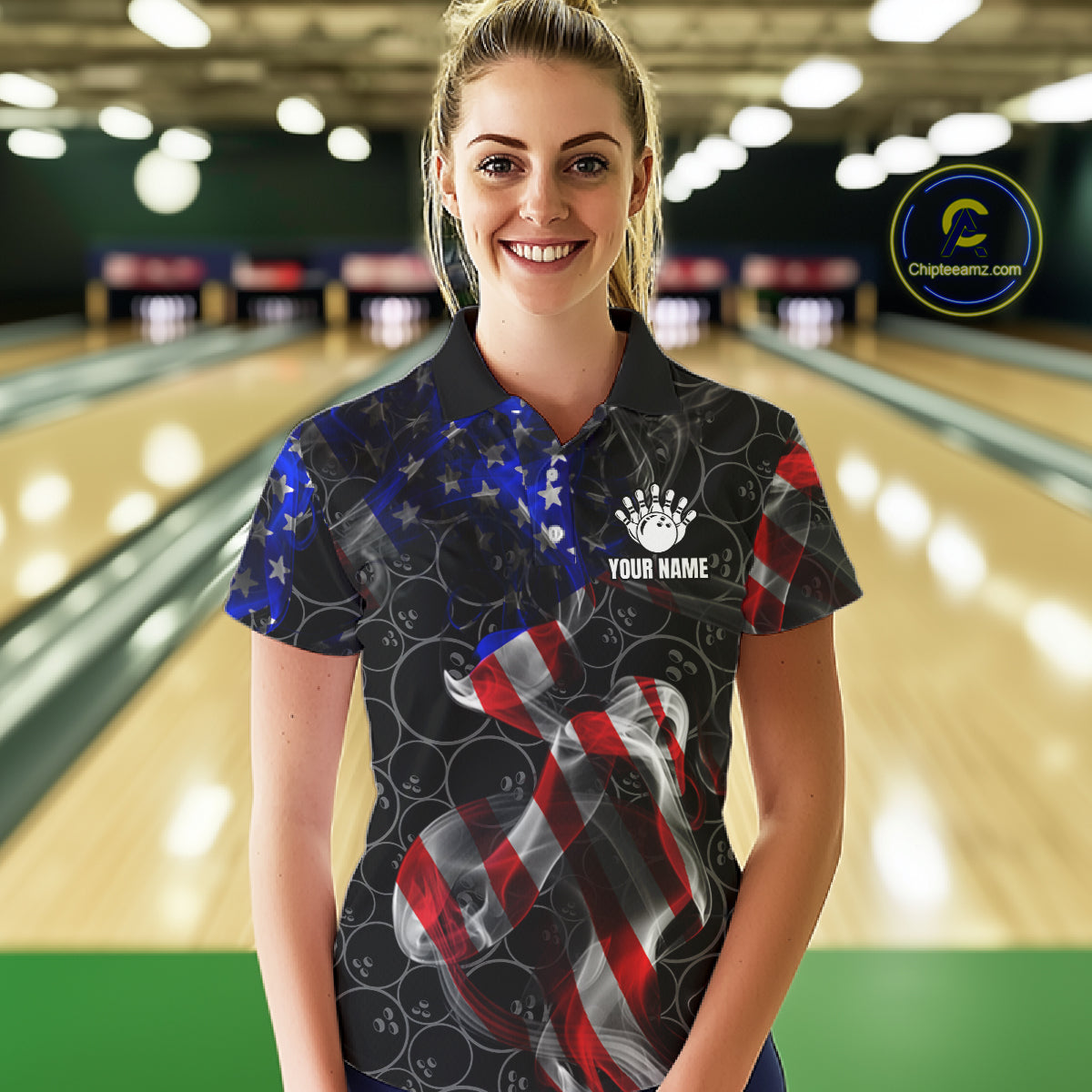 Custom American Flag Smoke Bowling Shirt For Women, Patriotic Team Bowling Jersey Polo & 1/4 Zip TDM6290