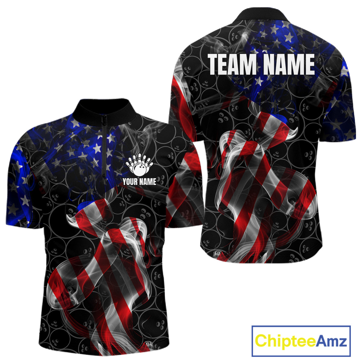 Custom American Flag Smoke Bowling Shirt For Men, Patriotic Team Bowling Jersey Polo & 1/4 Zip TDM6290