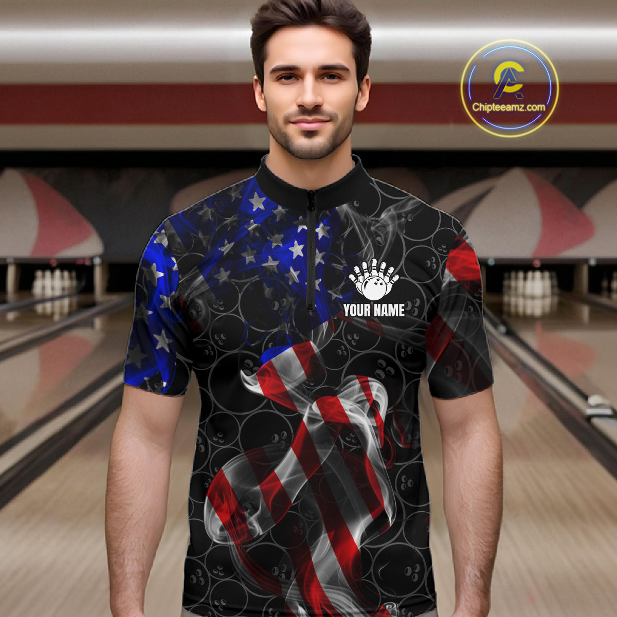 Custom American Flag Smoke Bowling Shirt For Men, Patriotic Team Bowling Jersey Polo & 1/4 Zip TDM6290