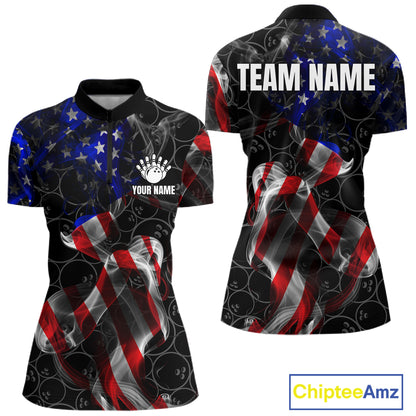 Custom American Flag Smoke Bowling Shirt For Women, Patriotic Team Bowling Jersey Polo & 1/4 Zip TDM6290