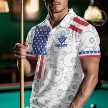 Load image into Gallery viewer, Man wearing a white American flag 8 ball billiard jersey beside a pool table front view.