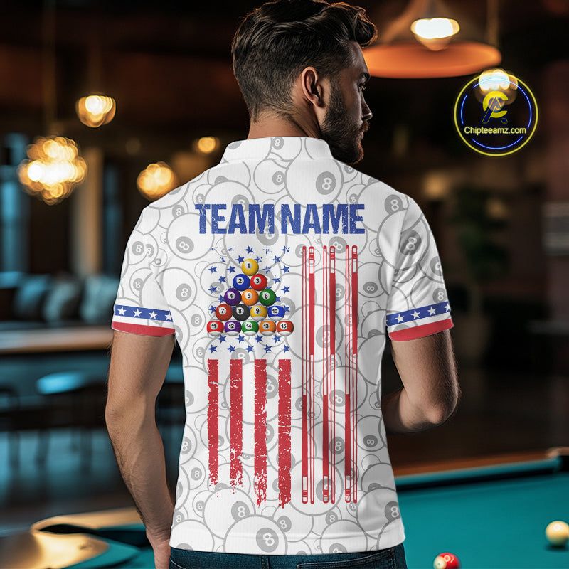 Back view of man wearing a white patriotic 8 ball pool shirt in a billiards hall.