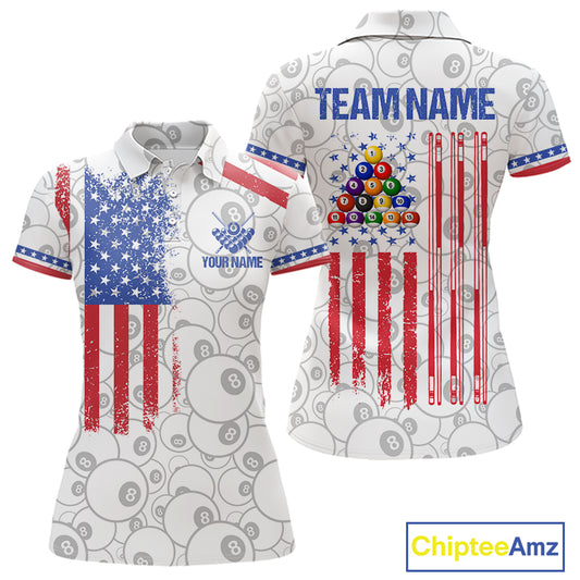 White American flag 8 ball billiard polo shirt for women with patriotic pool team graphics.